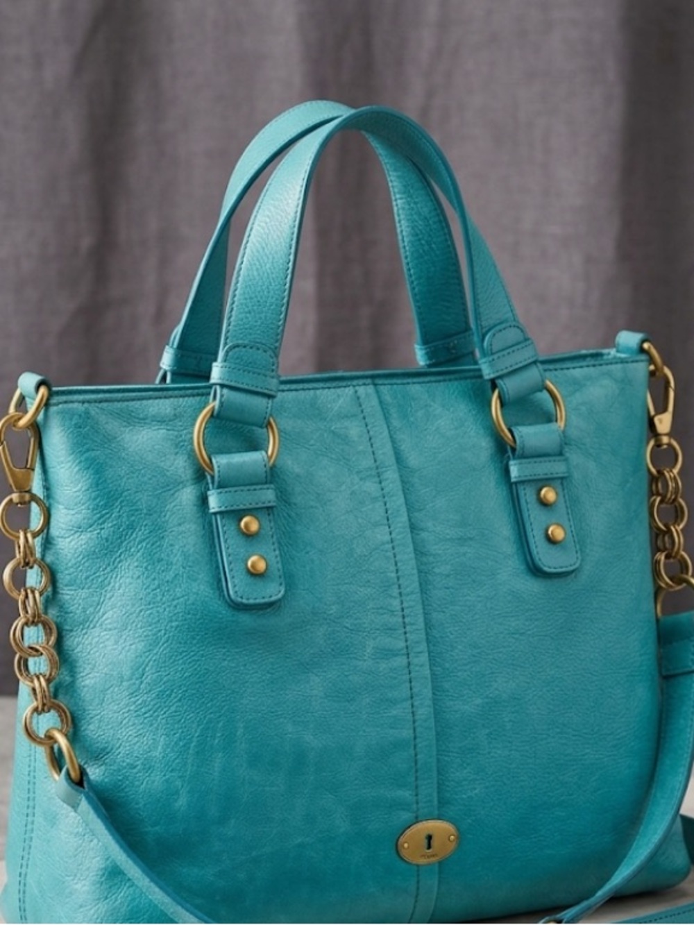Turquoise Leather Tote Bag with Gold Hardware